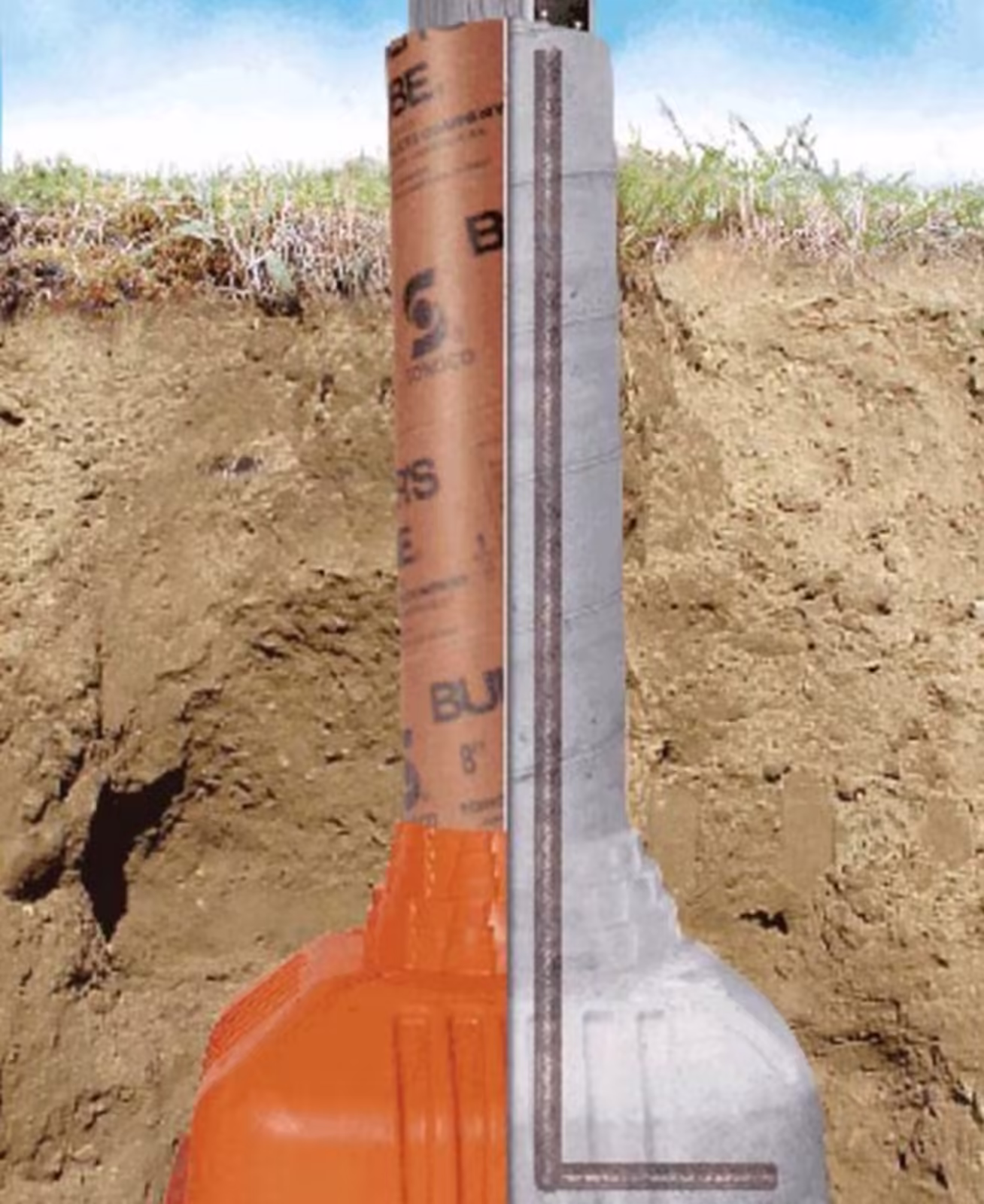 Concrete footing and post base detail on a Stone Ridge deck