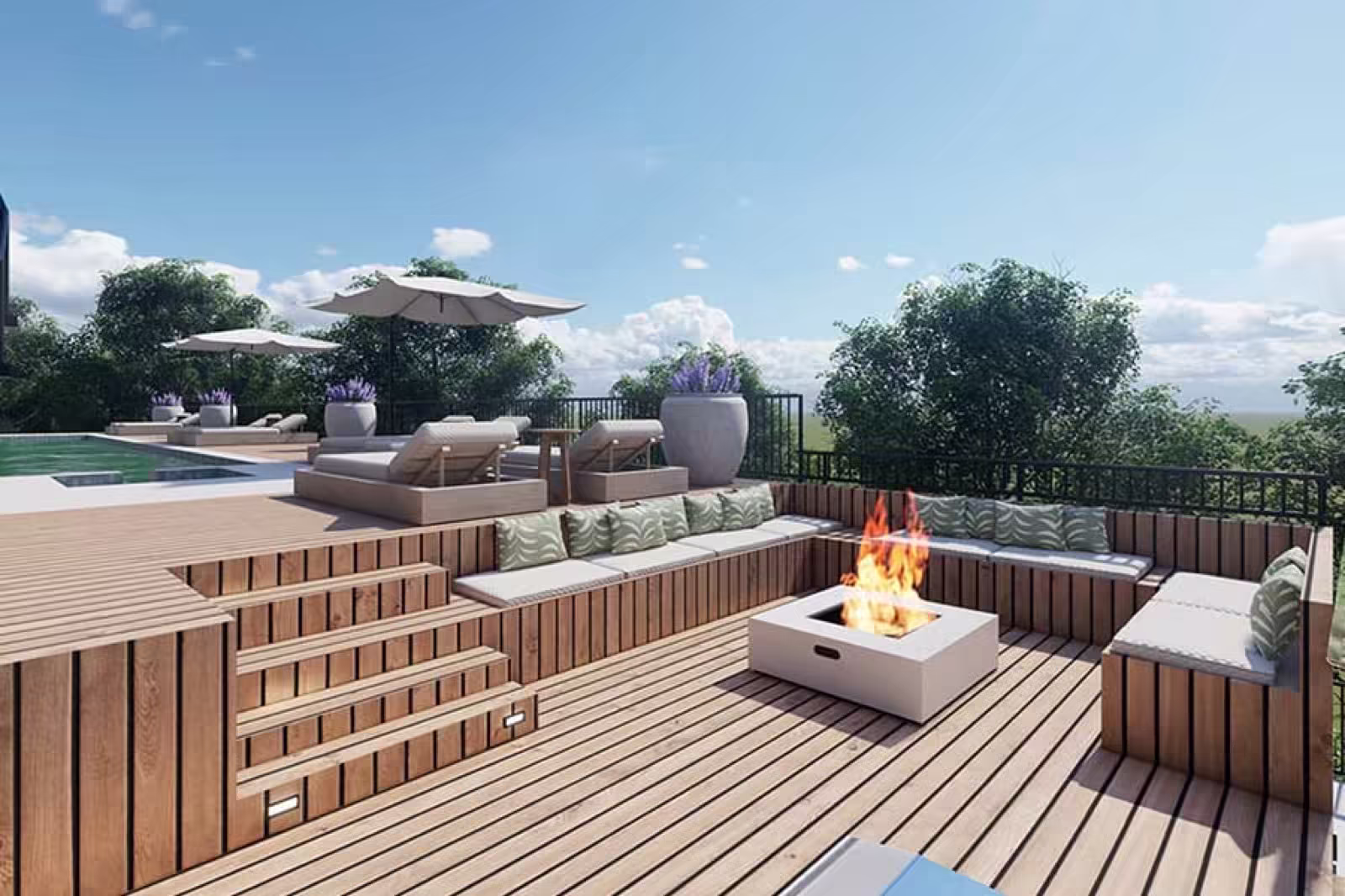 Photo-realistic rendering of a wood deck with built-in bench seating, a gas fire pit, poolside loungers and umbrellas